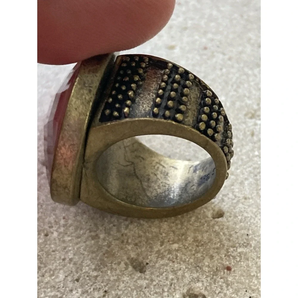 Antiqued Brass Tone Ring Large Red Faceted Cabochon Statement Chunky Renaissance